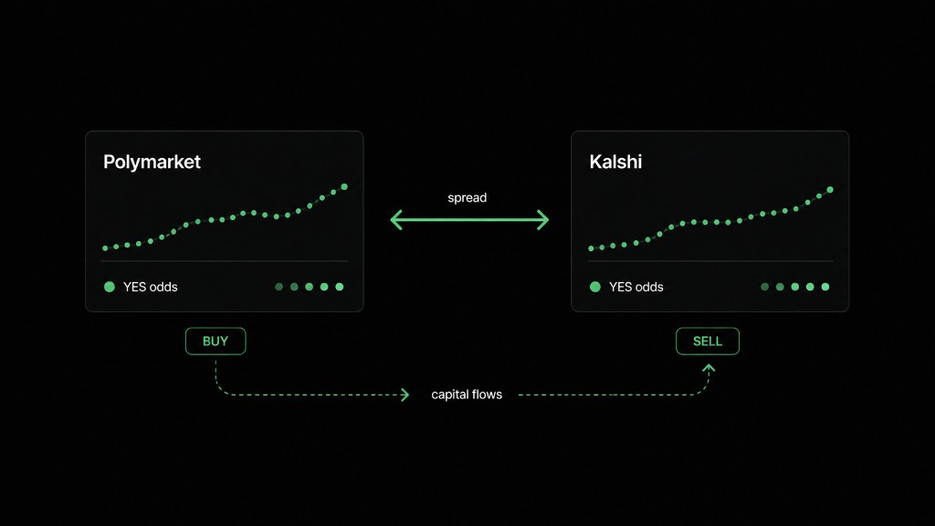 Polymarket to Kalshi spread and capital flows diagram